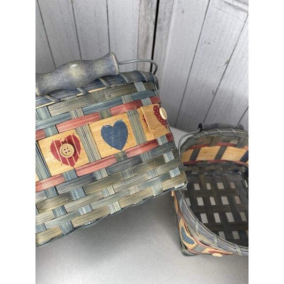 Vintage Heart Motif Wicker Basket With Handle Rustic Set Of 3 Nesting - Picture 5 of 9